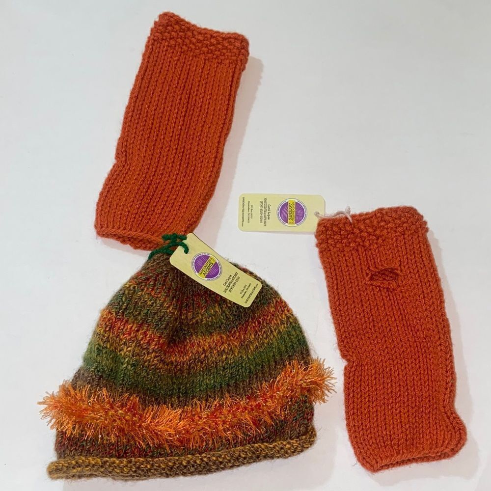Accents Vibrant Orange and Multicolor Knit Hat and Mittens Set for Kids